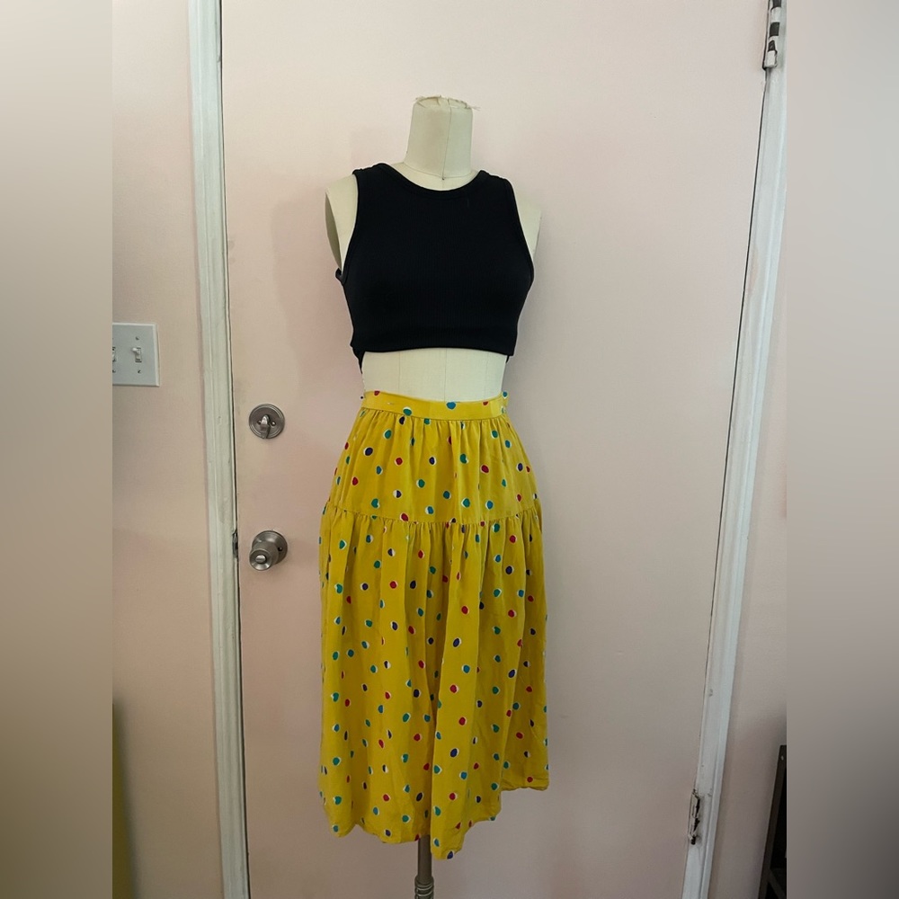Vintage, yellow, silk polkadot, A-line skirt